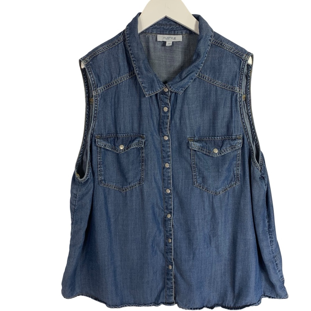 MYSTYLE  plus size Blue Sleeveless Button-Down Shirt size 1x